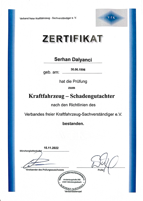 Zertifikat KFZ-Schadengutachter zertifizierung 1
