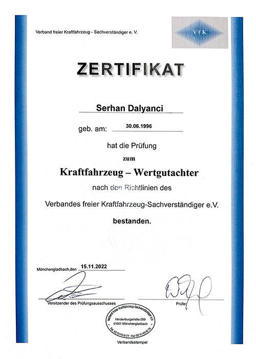 Zertifikat KFZ-Wertguachter zertifizierung 2